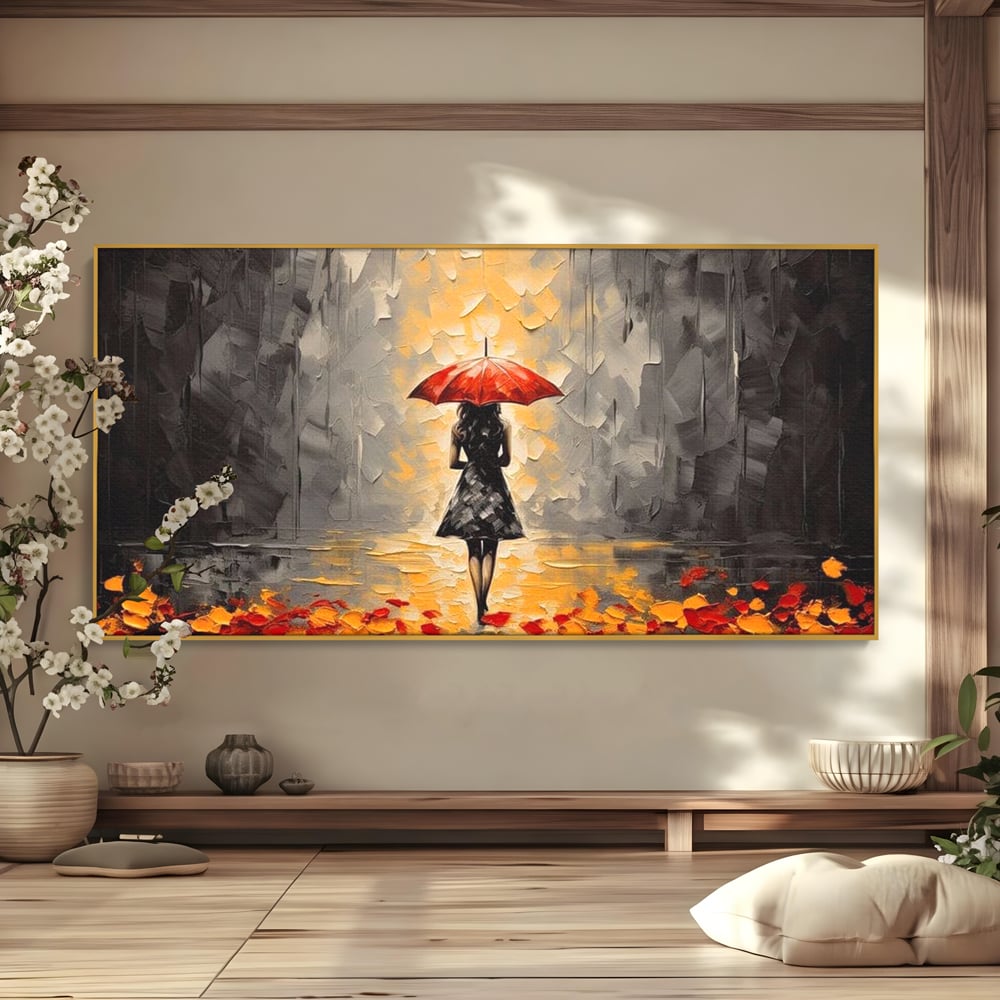 Tablou canvas cu tablou canvas cu femeie sub umbrela rosie, in rama de aluminiu auriu